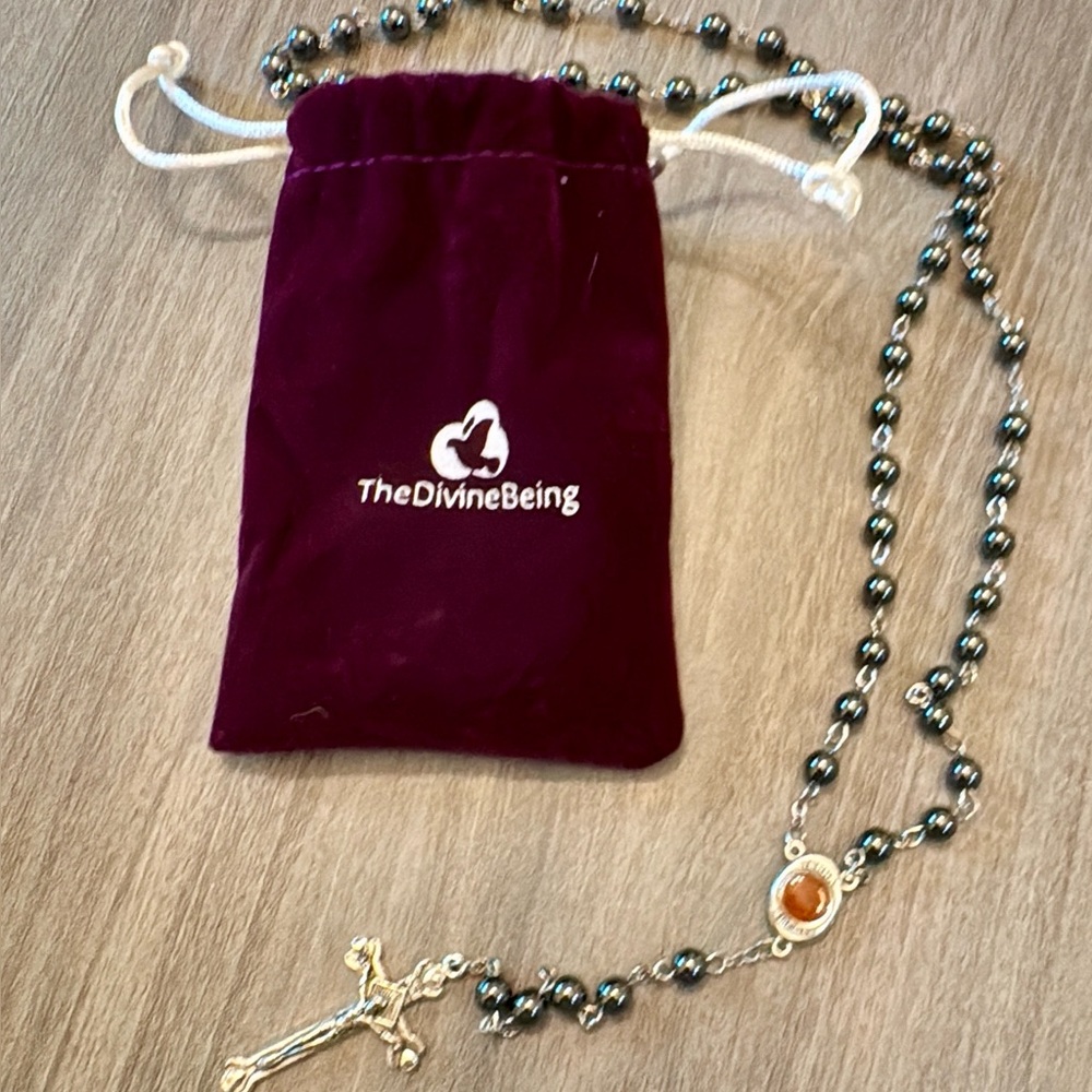 3 for $20–NIB-Silver and Black Beaded Rosary with Cabochon Accent